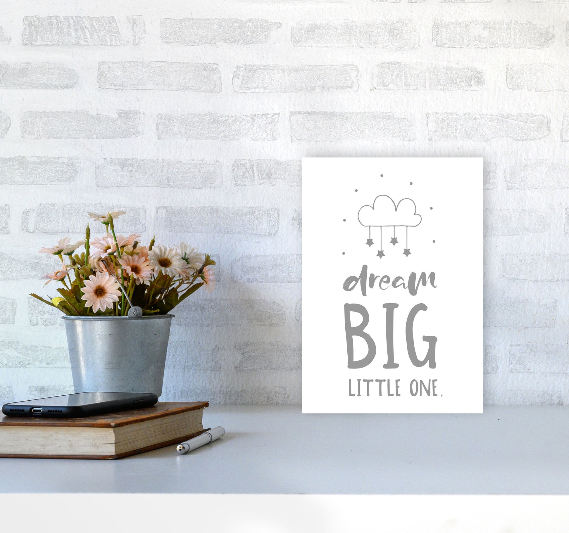 Dream Big Little One Grey Framed Nursey Wall Art Print A4 Black Frame