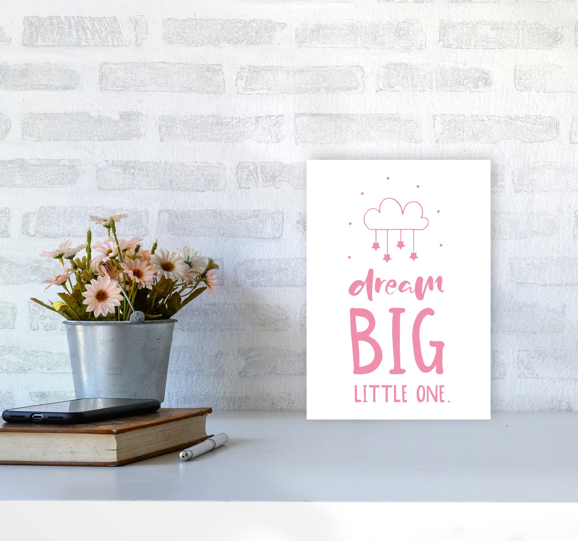 Dream Big Little One Pink Framed Nursey Wall Art Print A4 Black Frame