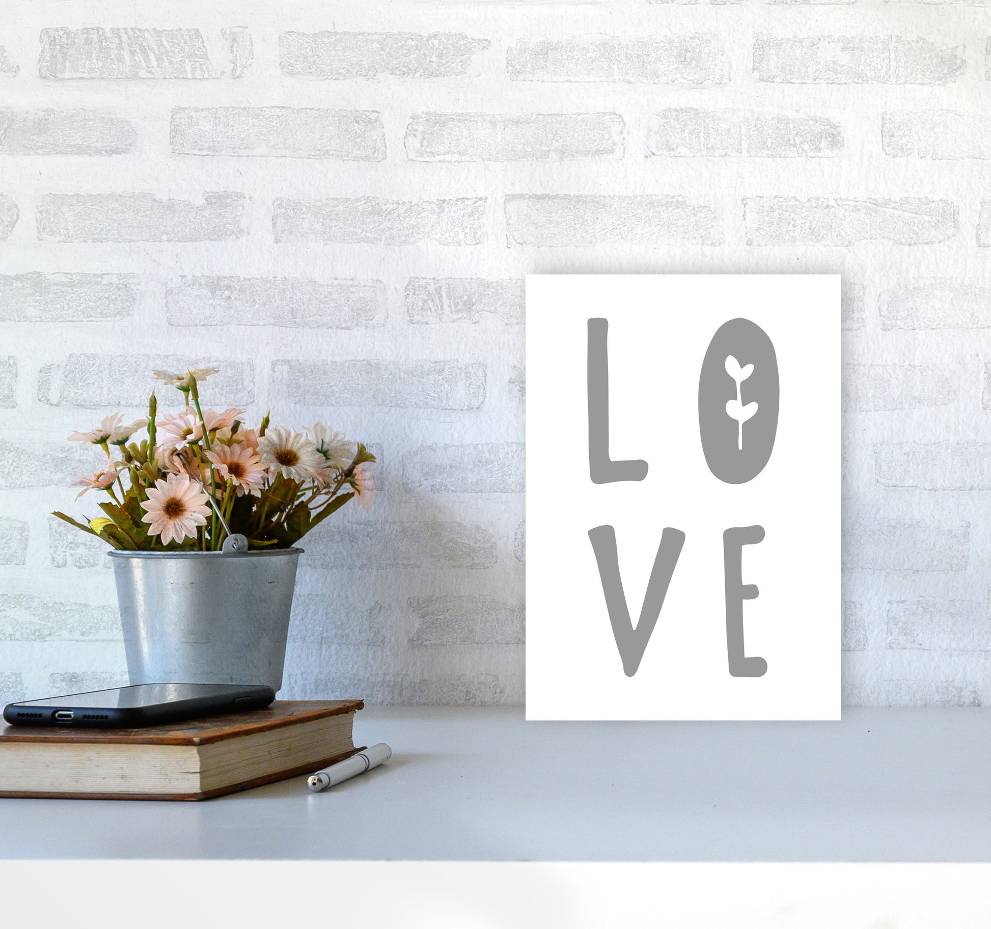 Love Grey Framed Typography Wall Art Print A4 Black Frame