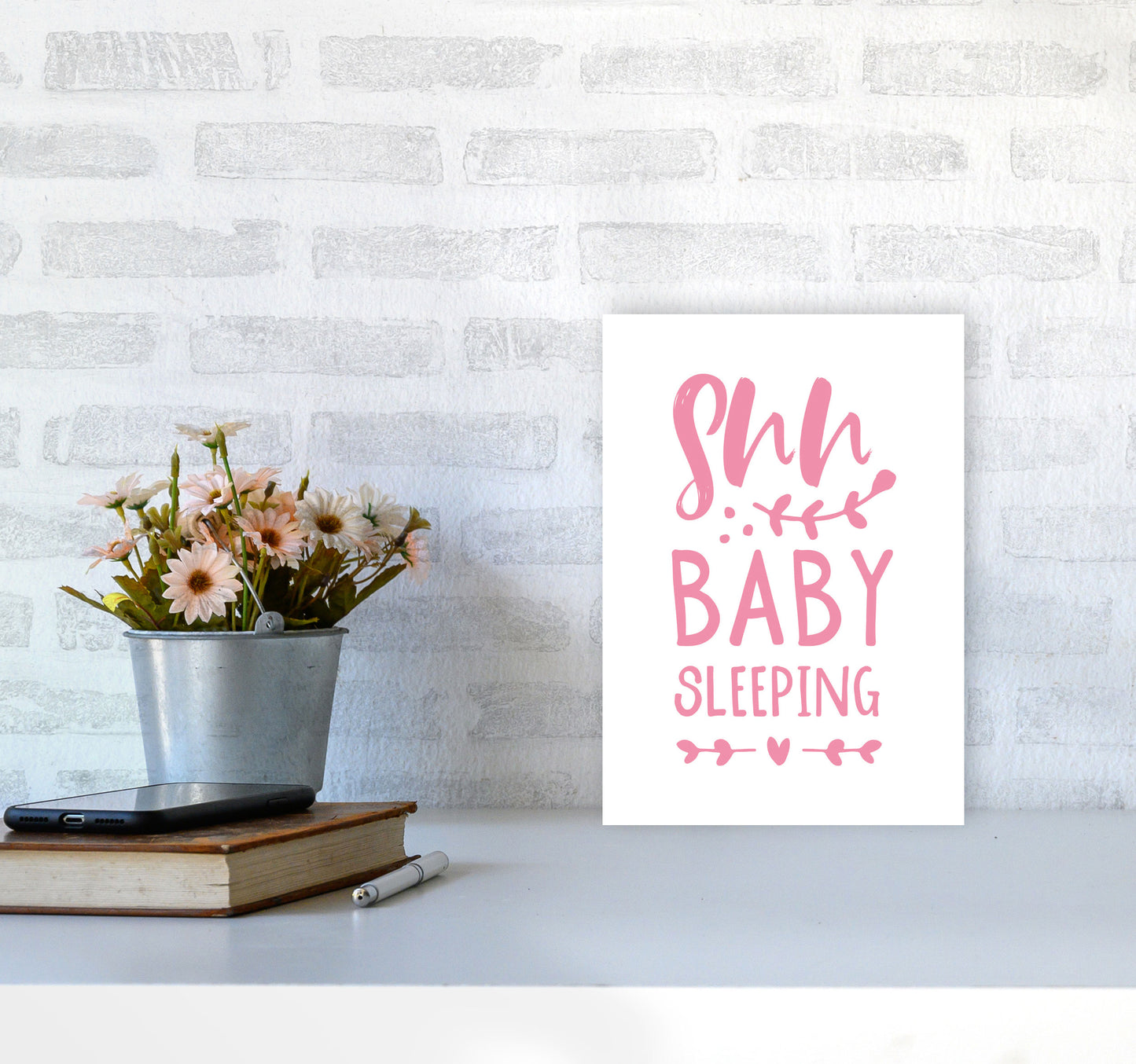 Shh Baby Sleeping Pink Framed Nursey Wall Art Print A4 Black Frame
