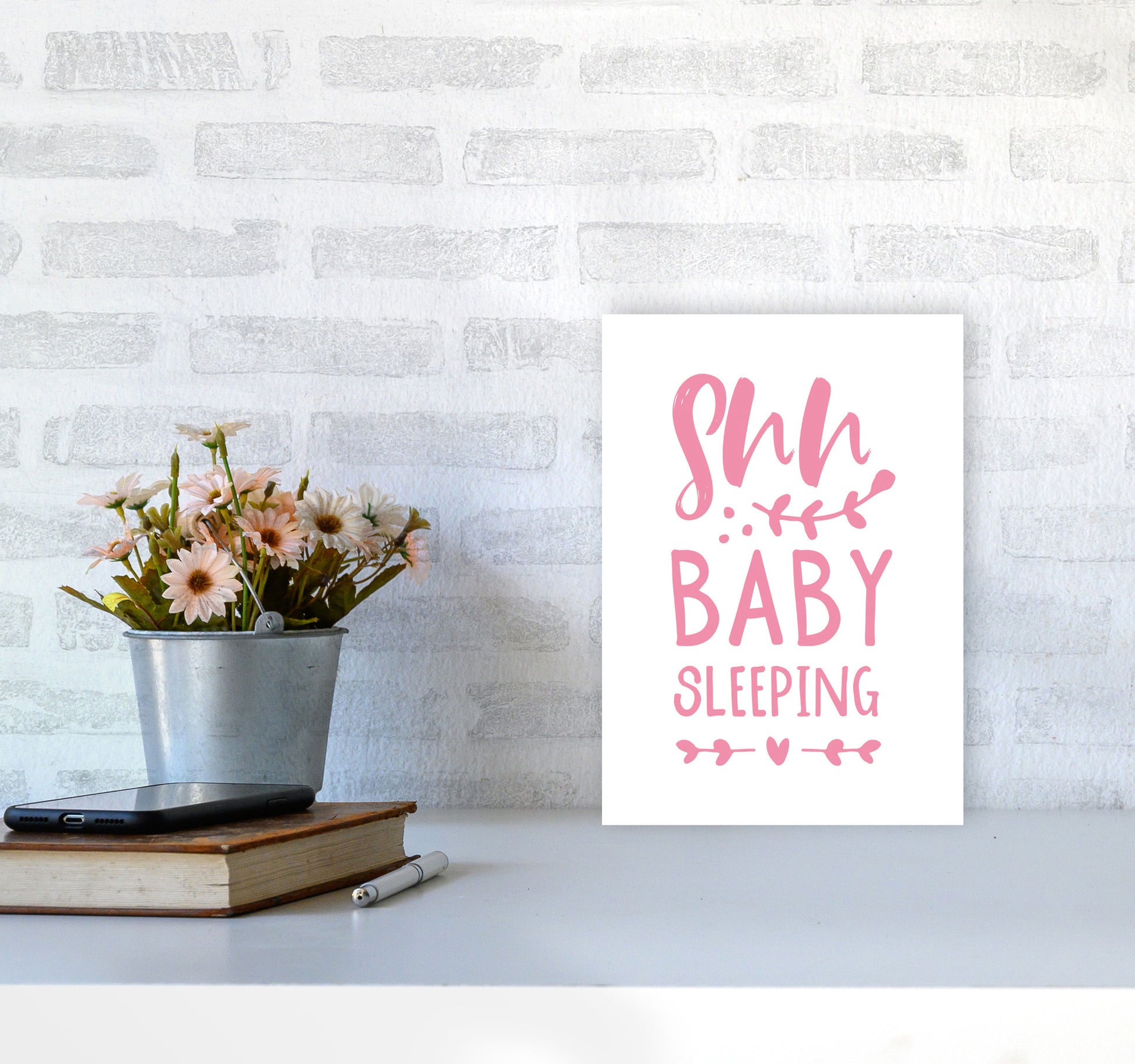 Shh Baby Sleeping Pink Framed Nursey Wall Art Print A4 Black Frame