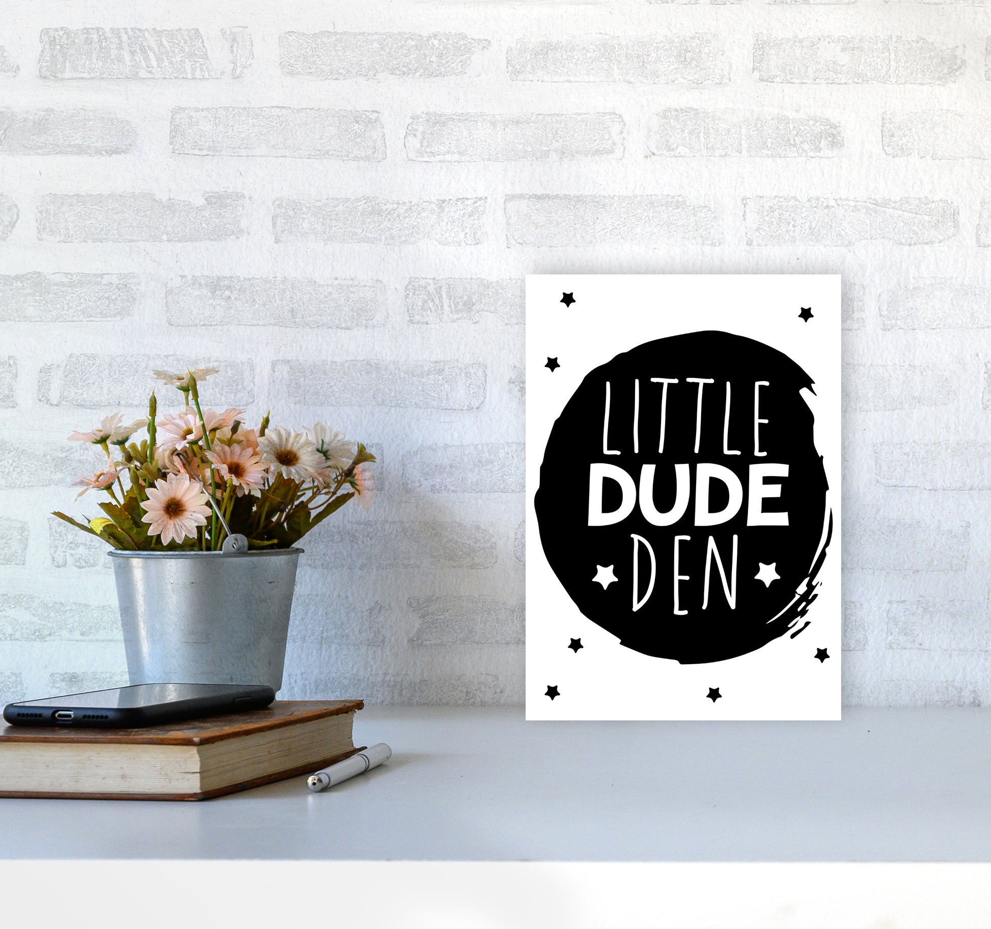 Little Dude Den Black Circle Framed Nursey Wall Art Print A4 Black Frame