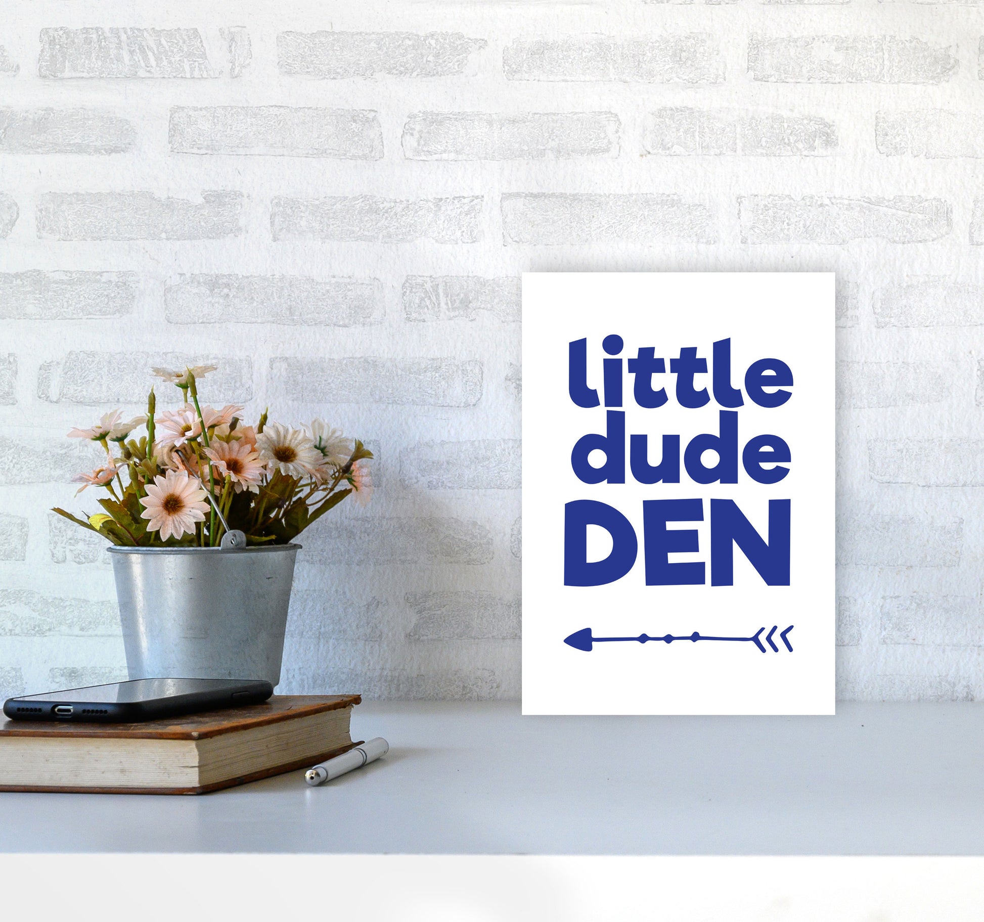 Little Dude Den Navy Framed Nursey Wall Art Print A4 Black Frame