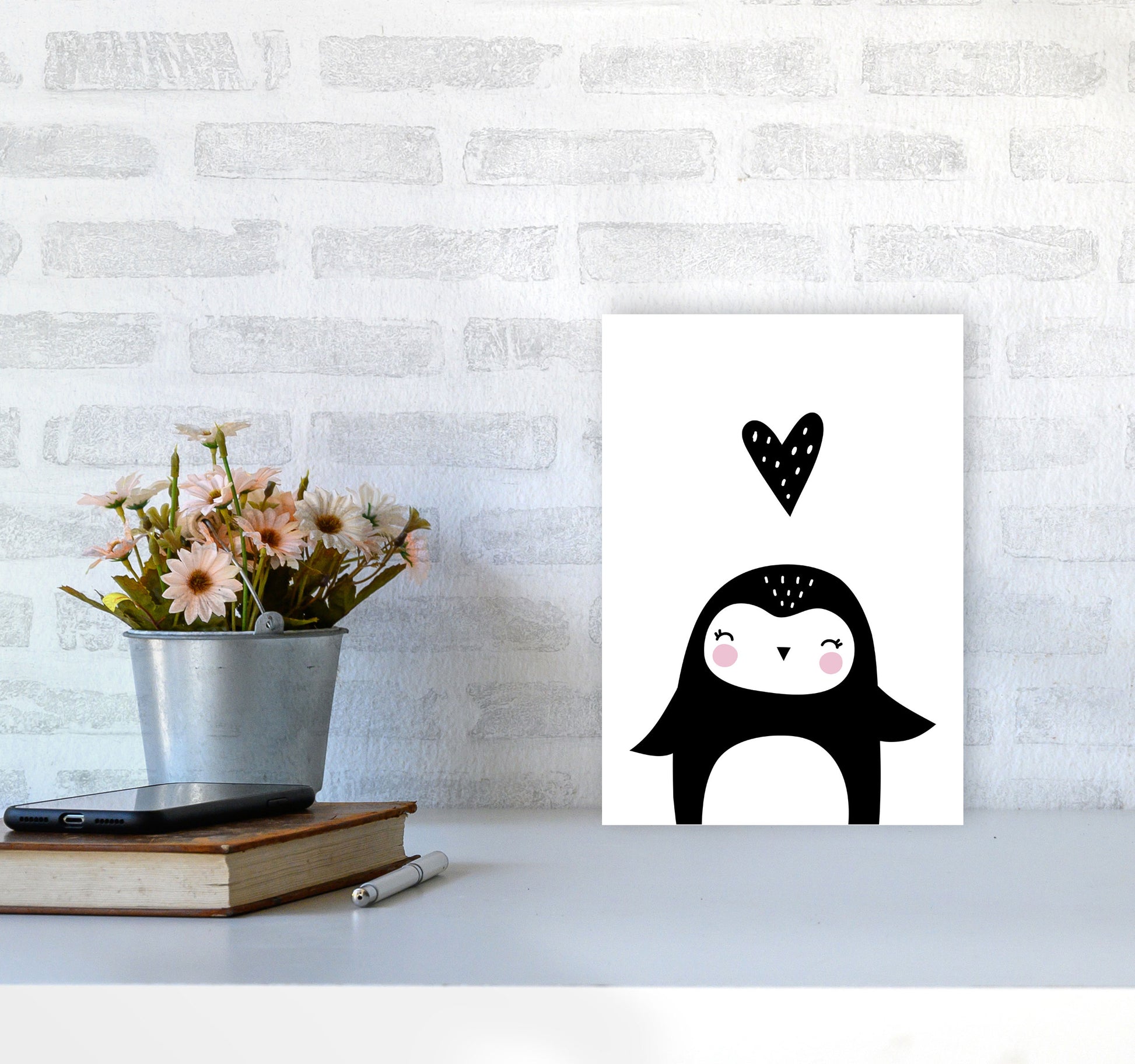 Penguin And Heart Modern Print Animal Art Print A4 Black Frame