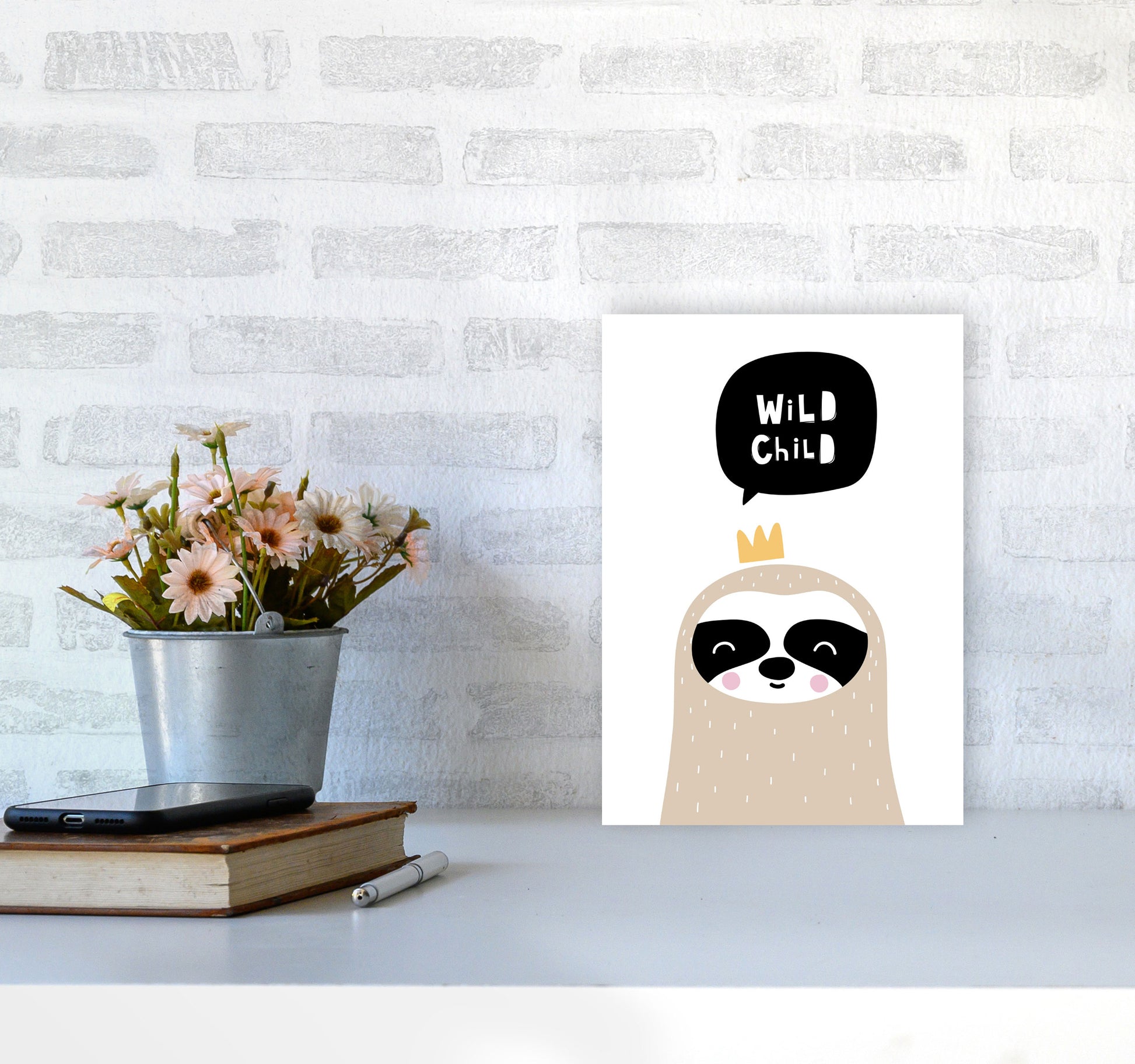 Wild Child Sloth Framed Nursey Wall Art Print A4 Black Frame