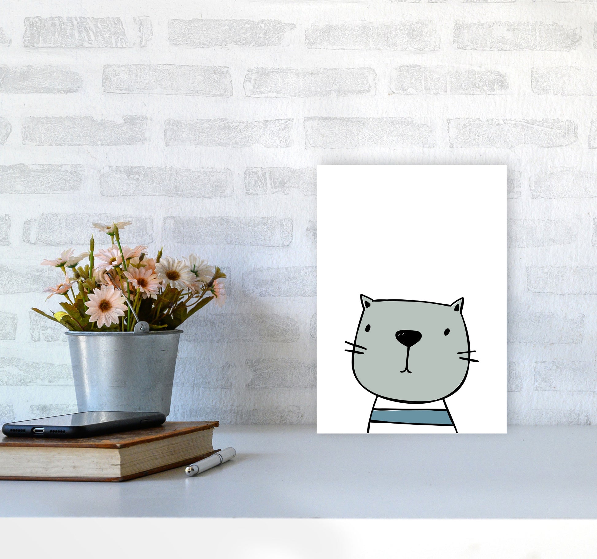 Cat Modern Print Animal Art Print A4 Black Frame