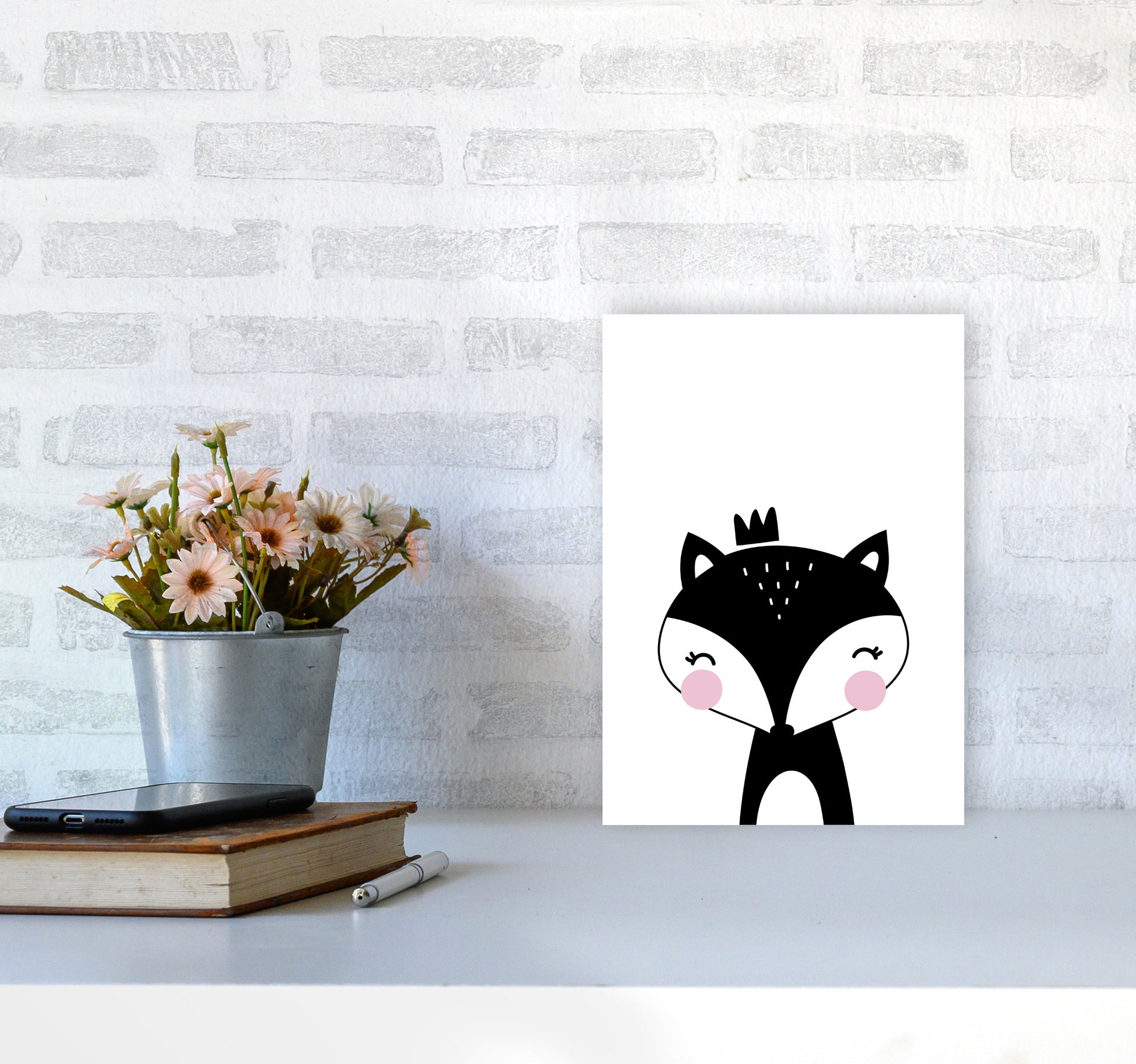 Scandi Black Fox With Crown Framed Nursey Wall Art Print A4 Black Frame