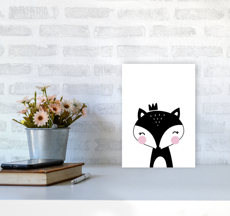 Scandi Black Fox With Crown Framed Nursey Wall Art Print A4 Black Frame