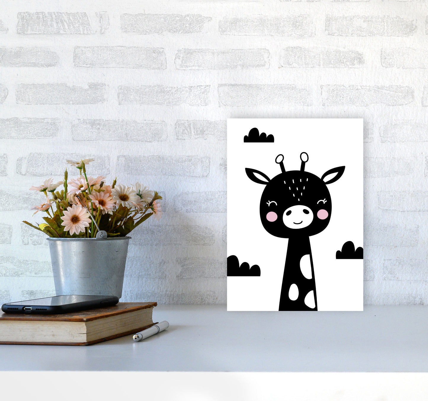 Scandi Black Giraffe Framed Nursey Wall Art Print A4 Black Frame
