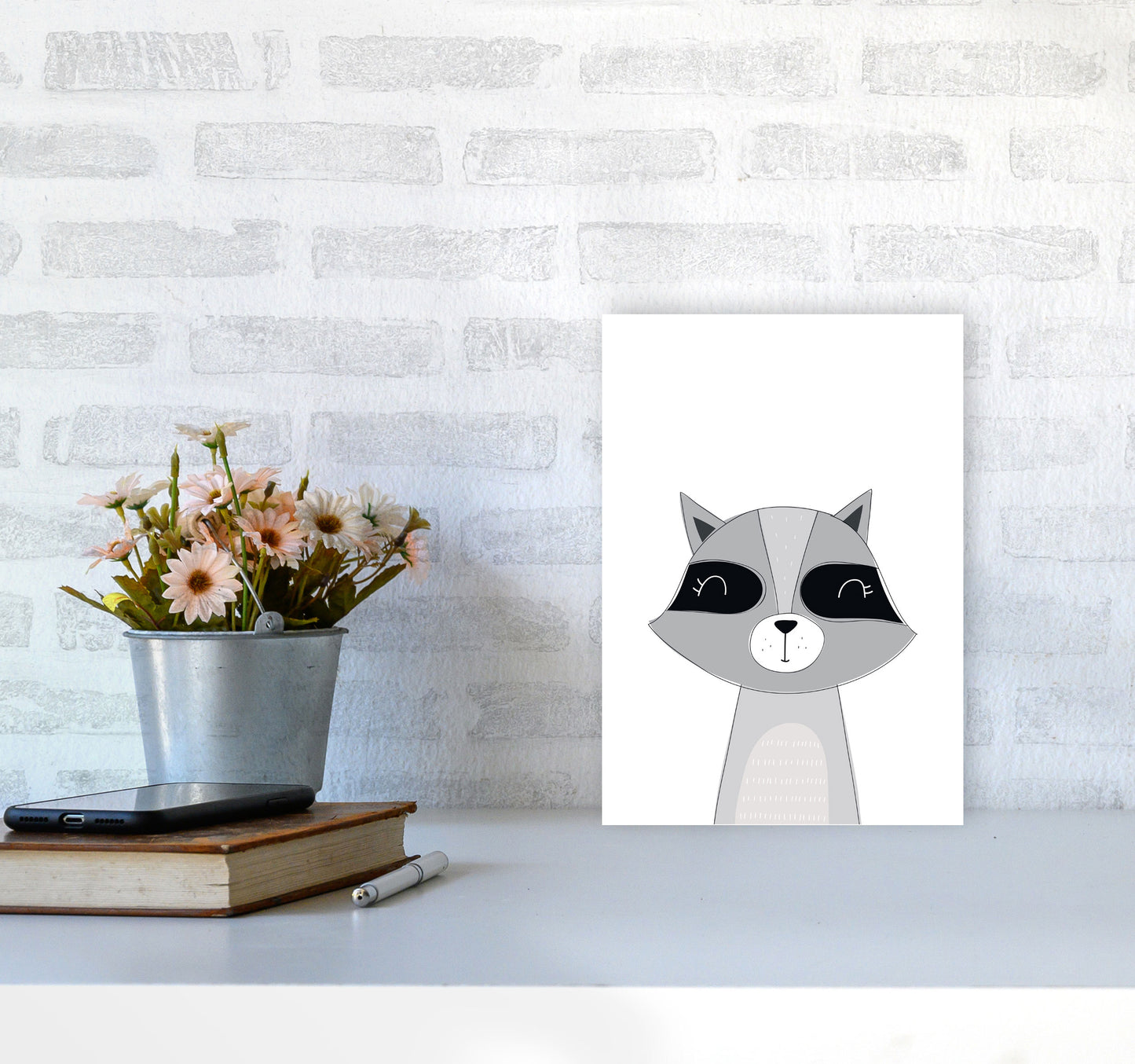 Scandi Raccoon Framed Nursey Wall Art Print A4 Black Frame