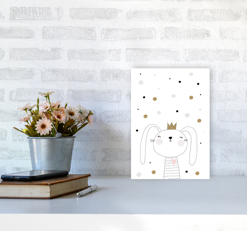 Scandi Cute Bunny With Crown And Polka Dots Modern Print A4 Black Frame