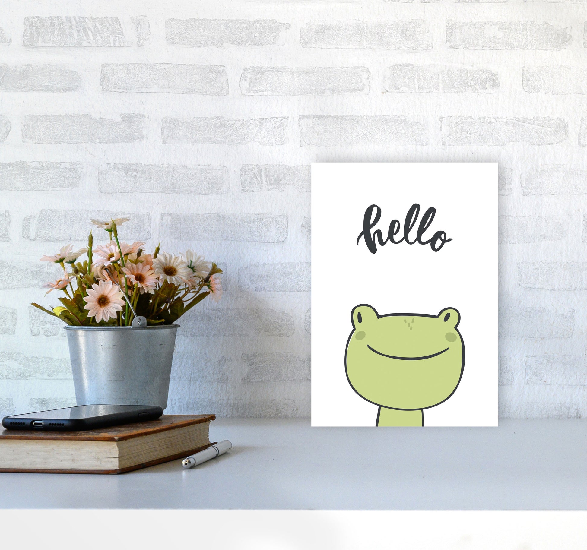 Hello Frog Modern Print Animal Art Print A4 Black Frame