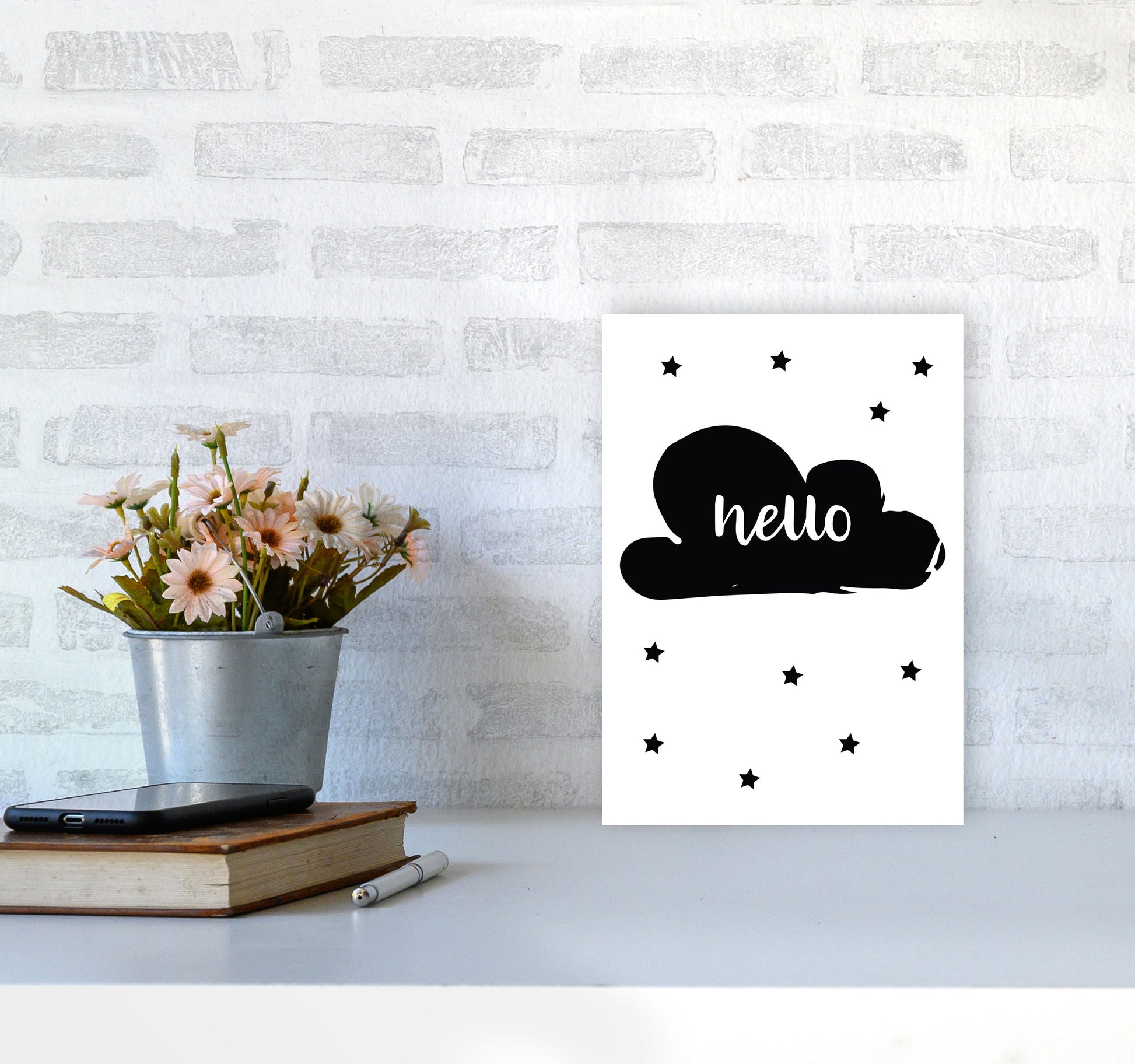 Hello Cloud Black Framed Nursey Wall Art Print A4 Black Frame