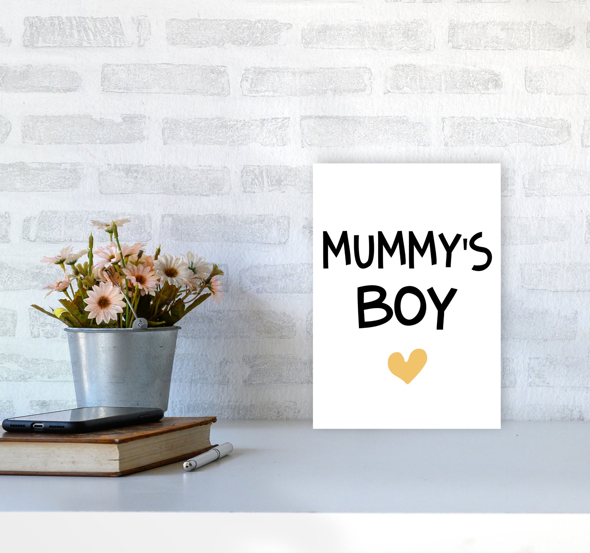 Mummy&#39;s Boy Mustard Framed Nursey Wall Art Print A4 Black Frame