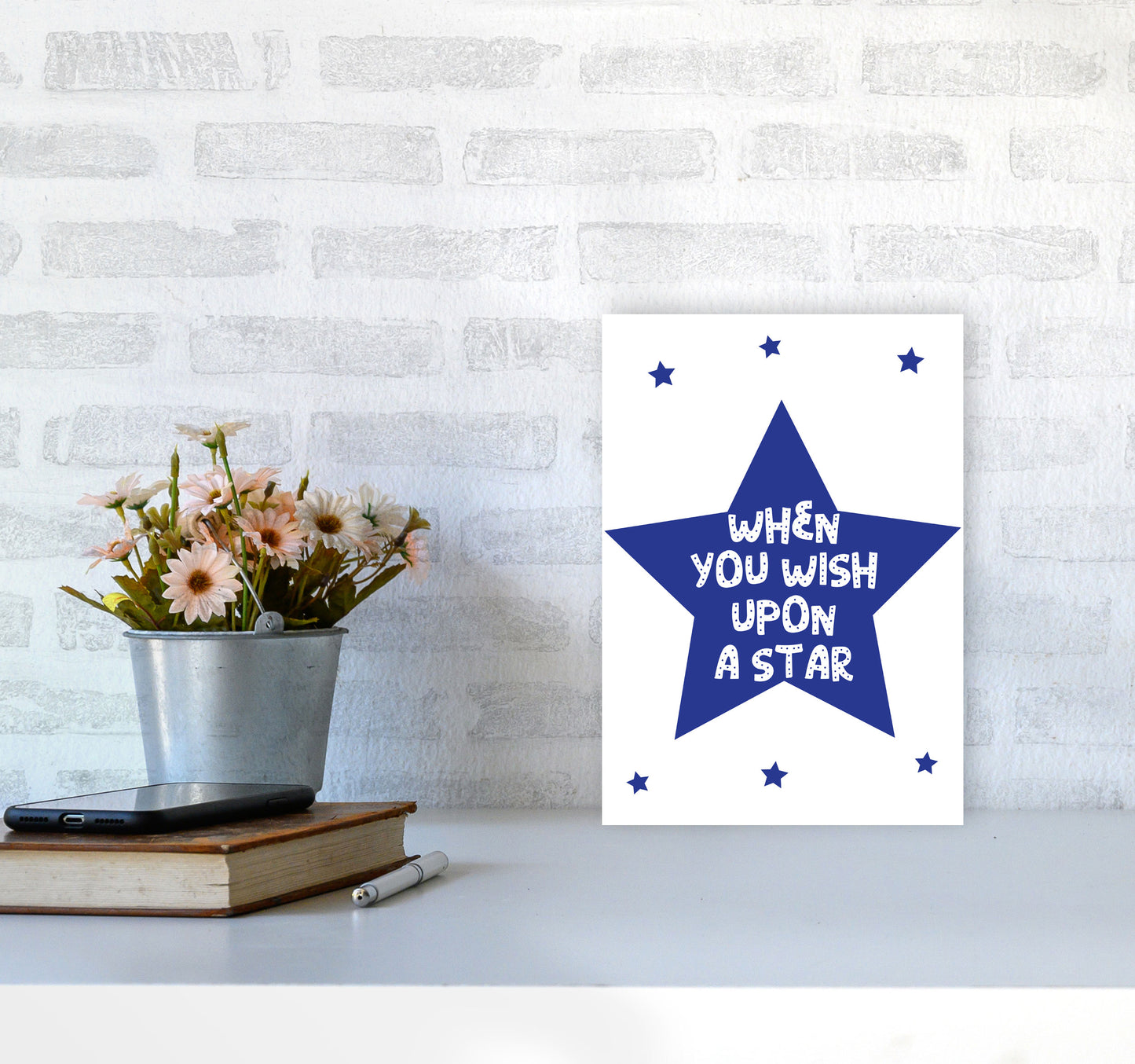 Wish Upon A Star Navy Framed Nursey Wall Art Print A4 Black Frame