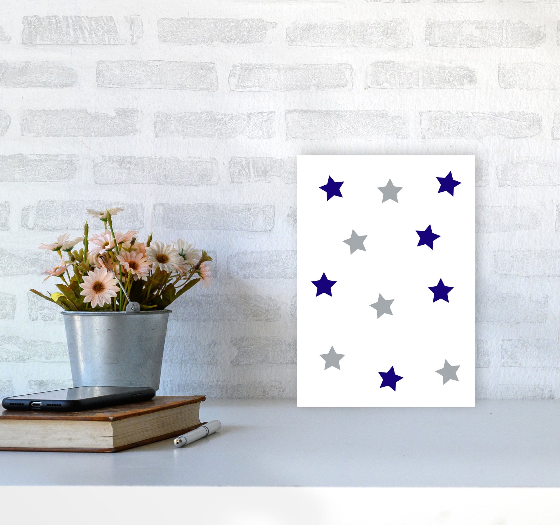 Navy And Grey Stars Modern Print A4 Black Frame
