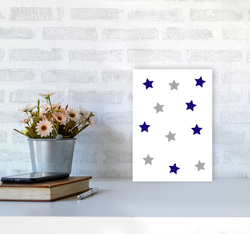 Navy And Grey Stars Modern Print A4 Black Frame
