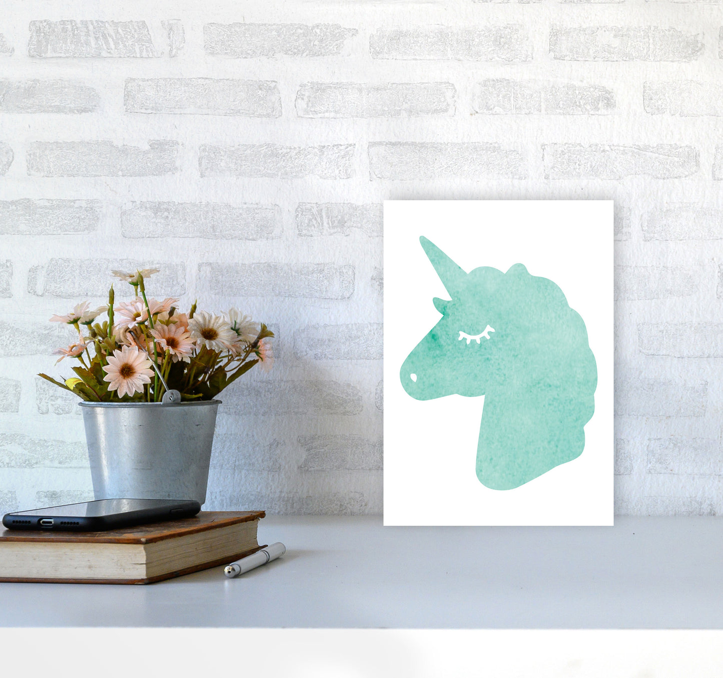 Mint Unicorn Head Modern Print Animal Art Print A4 Black Frame