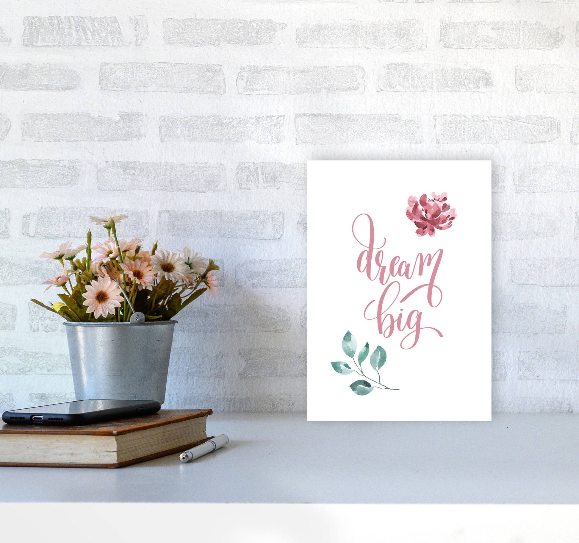 Dream Big Pink Floral Framed Typography Wall Art Print A4 Black Frame