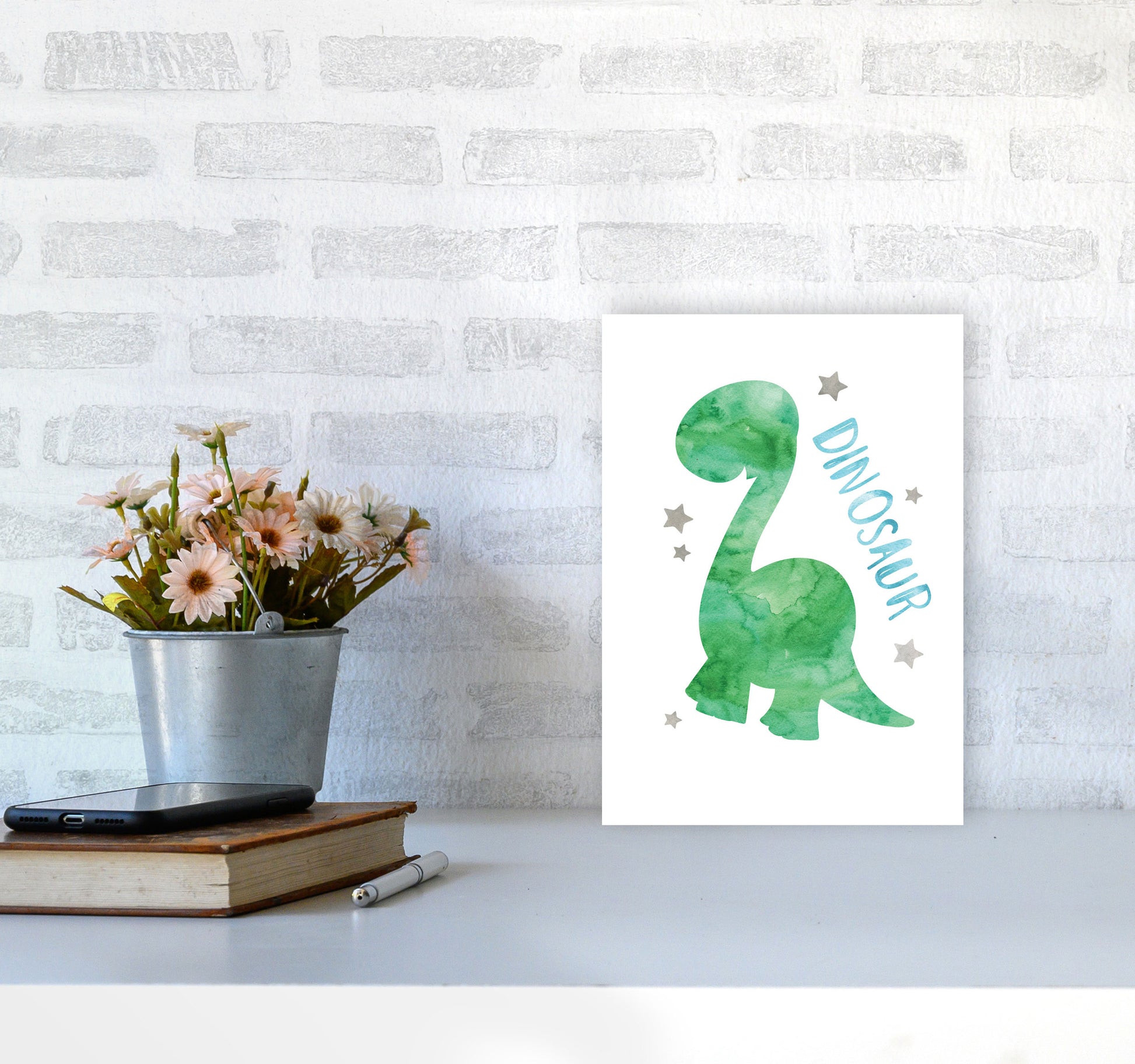 Dinosaur Watercolour Modern Print A4 Black Frame
