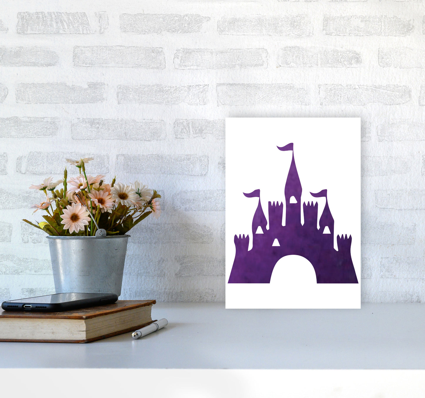 Purple Castle Watercolour Modern Print A4 Black Frame