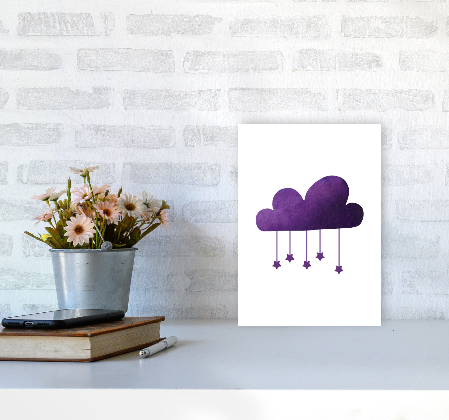 Purple Cloud Watercolour Modern Print A4 Black Frame