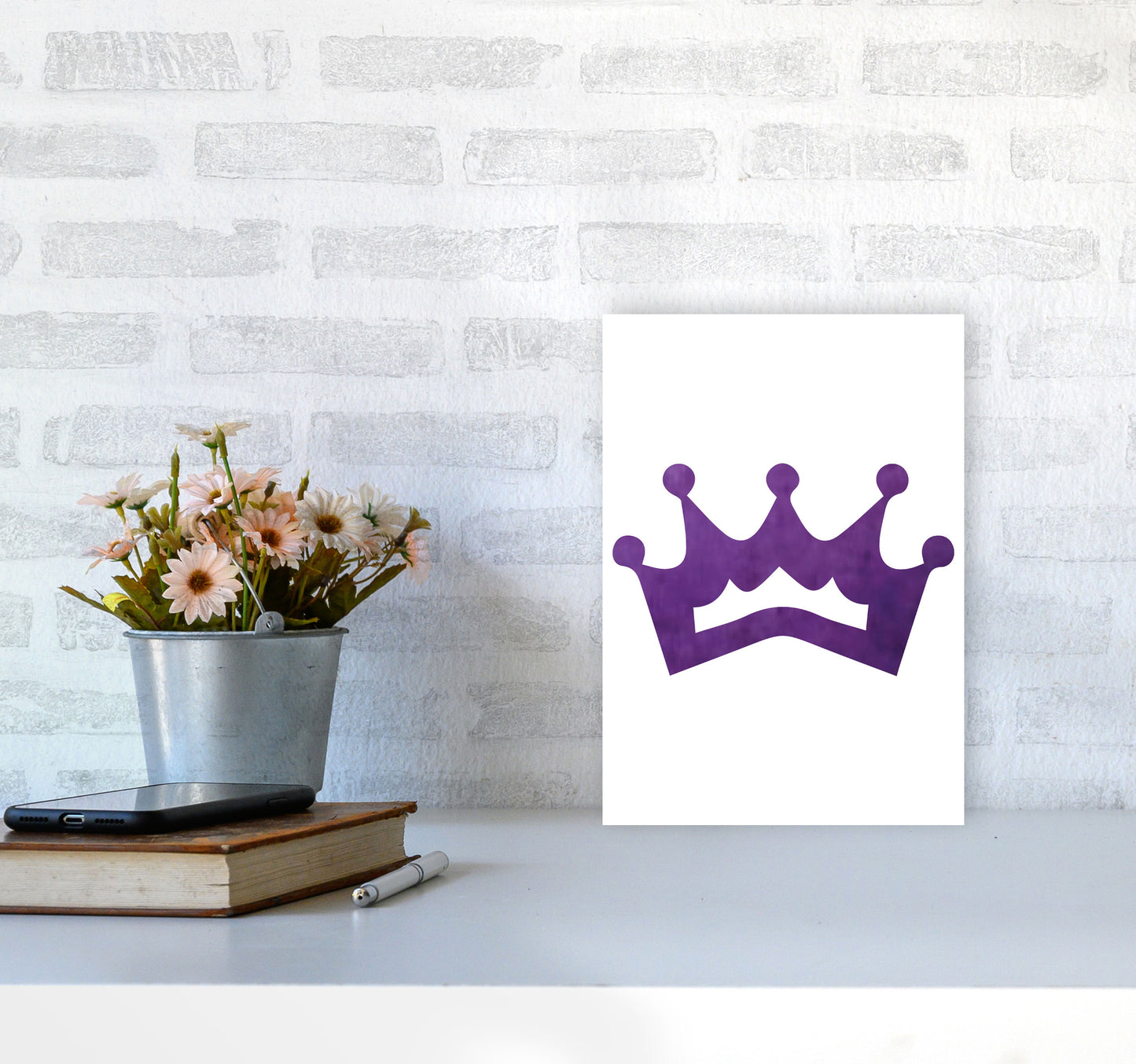 Purple Crown Watercolour Modern Print A4 Black Frame