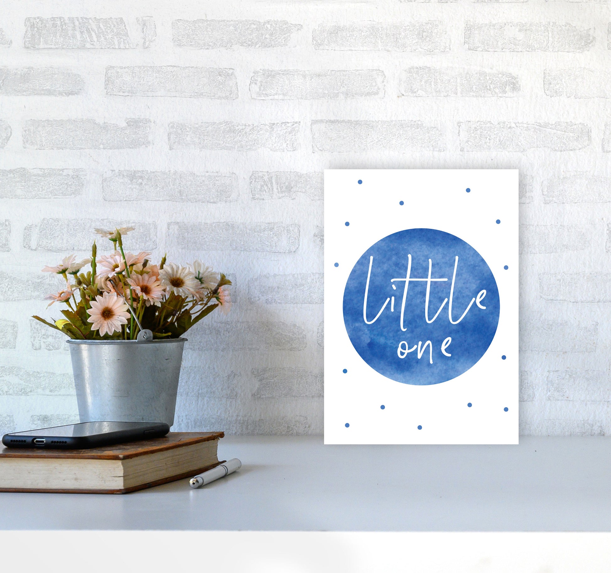 Little One Blue Watercolour Modern Print A4 Black Frame
