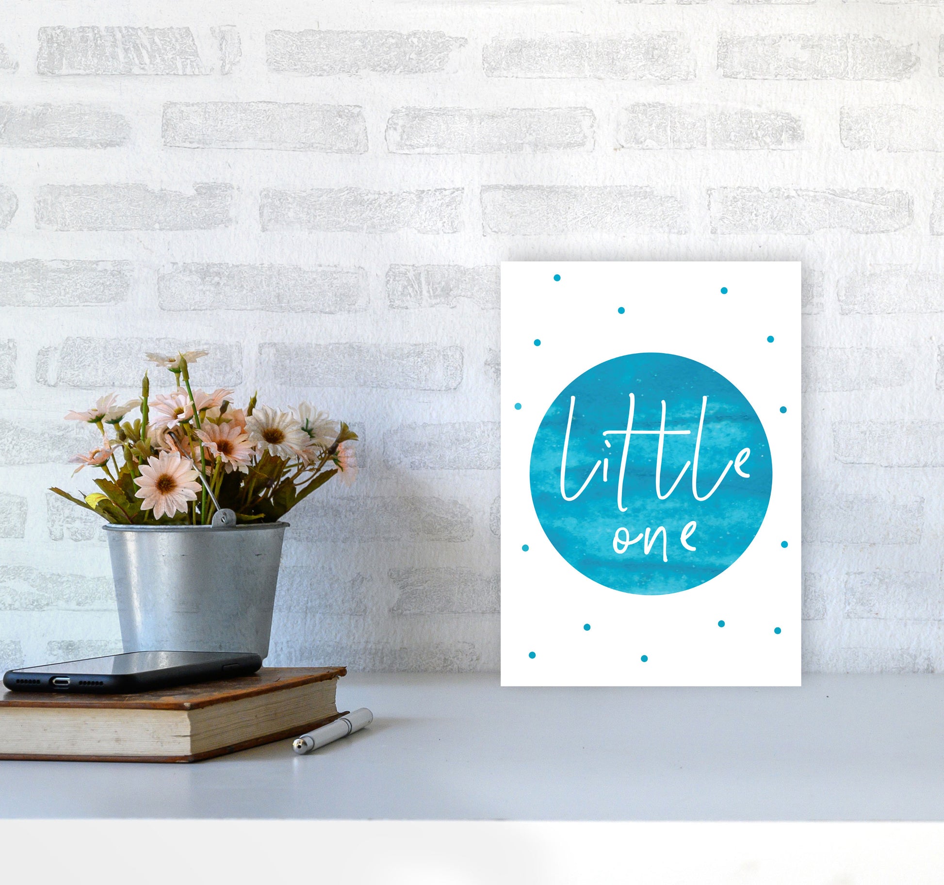 Little One Turquoise Watercolour Modern Print A4 Black Frame