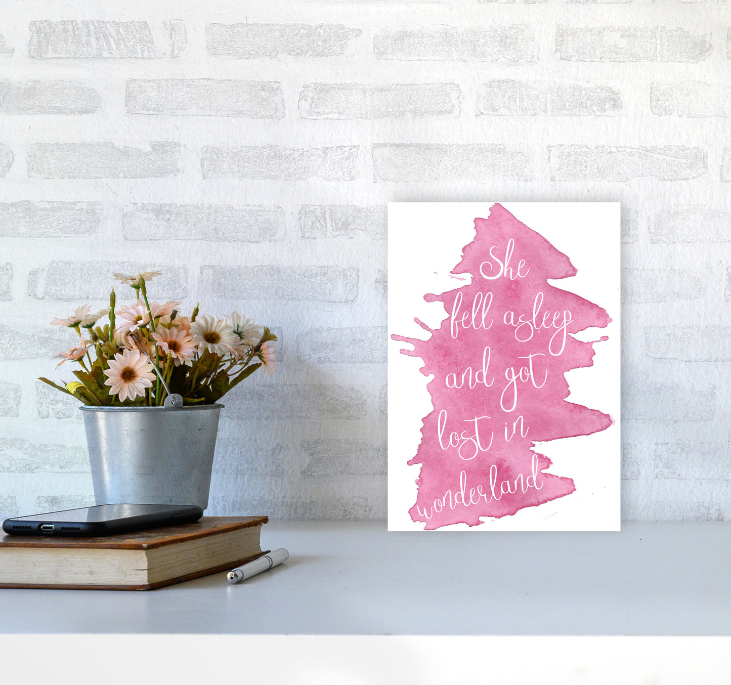 Wonderland Pink Watercolour Modern Print A4 Black Frame