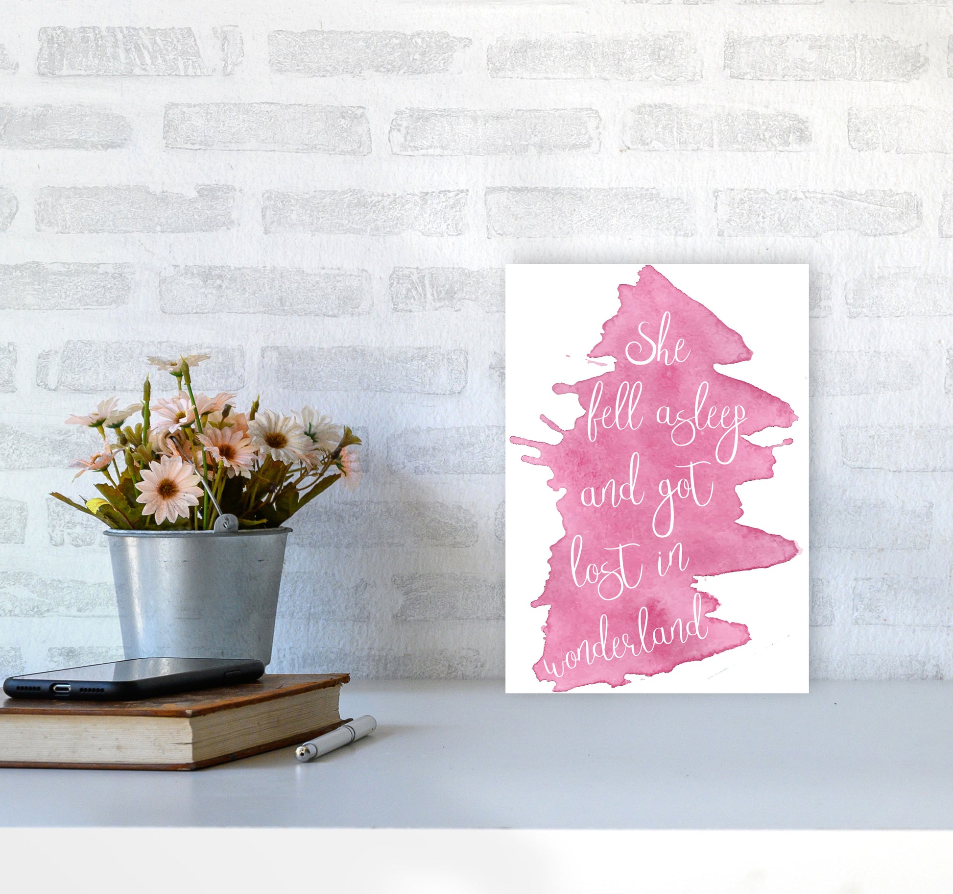 Wonderland Pink Watercolour Modern Print A4 Black Frame