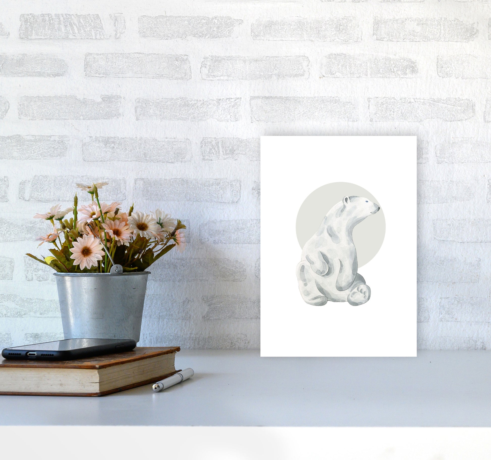 Watercolour Polar Bear With Grey Circle Modern Print, Animal Art Print A4 Black Frame