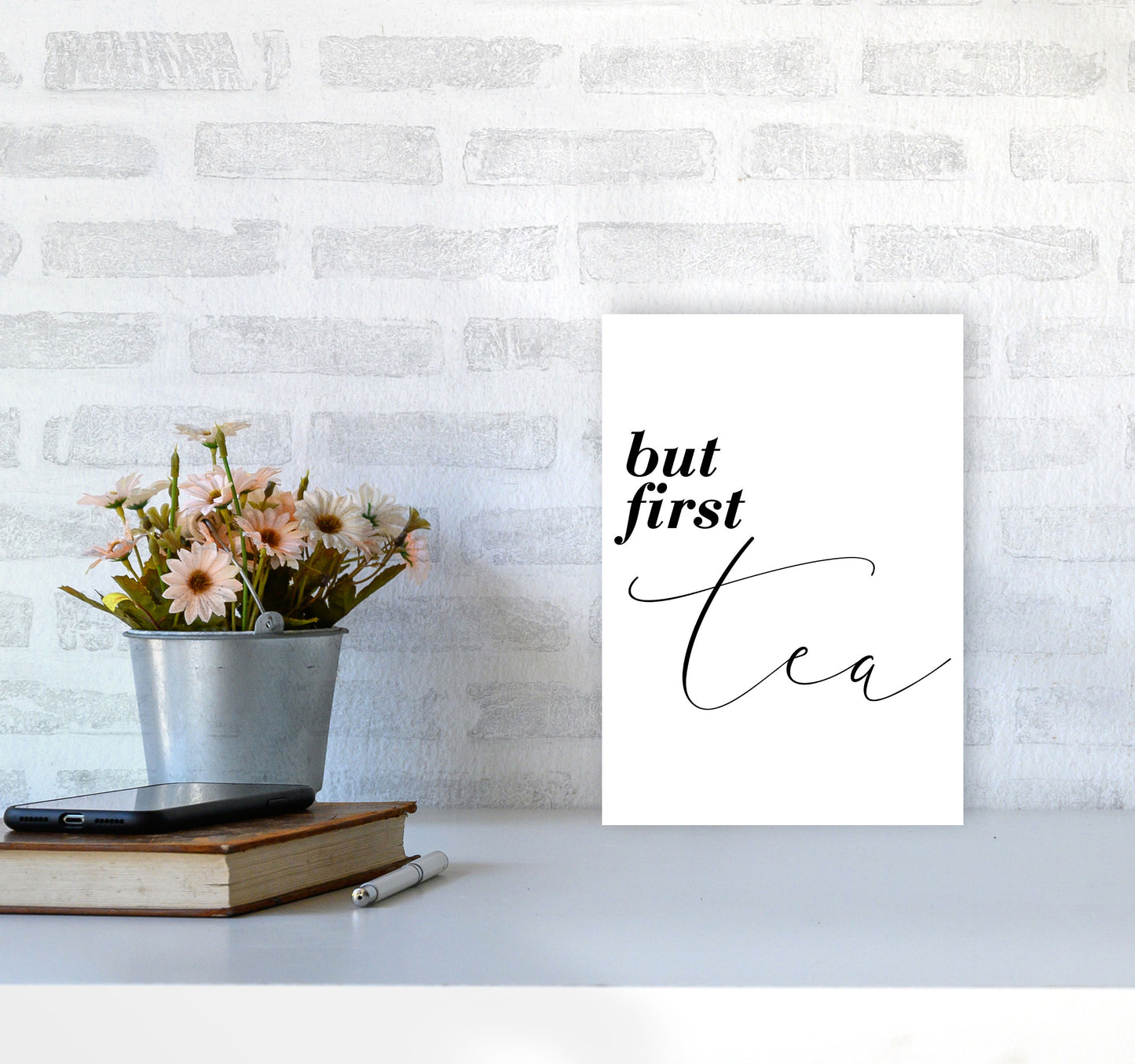 But First Tea Modern Print, Framed Kitchen Wall Art A4 Black Frame