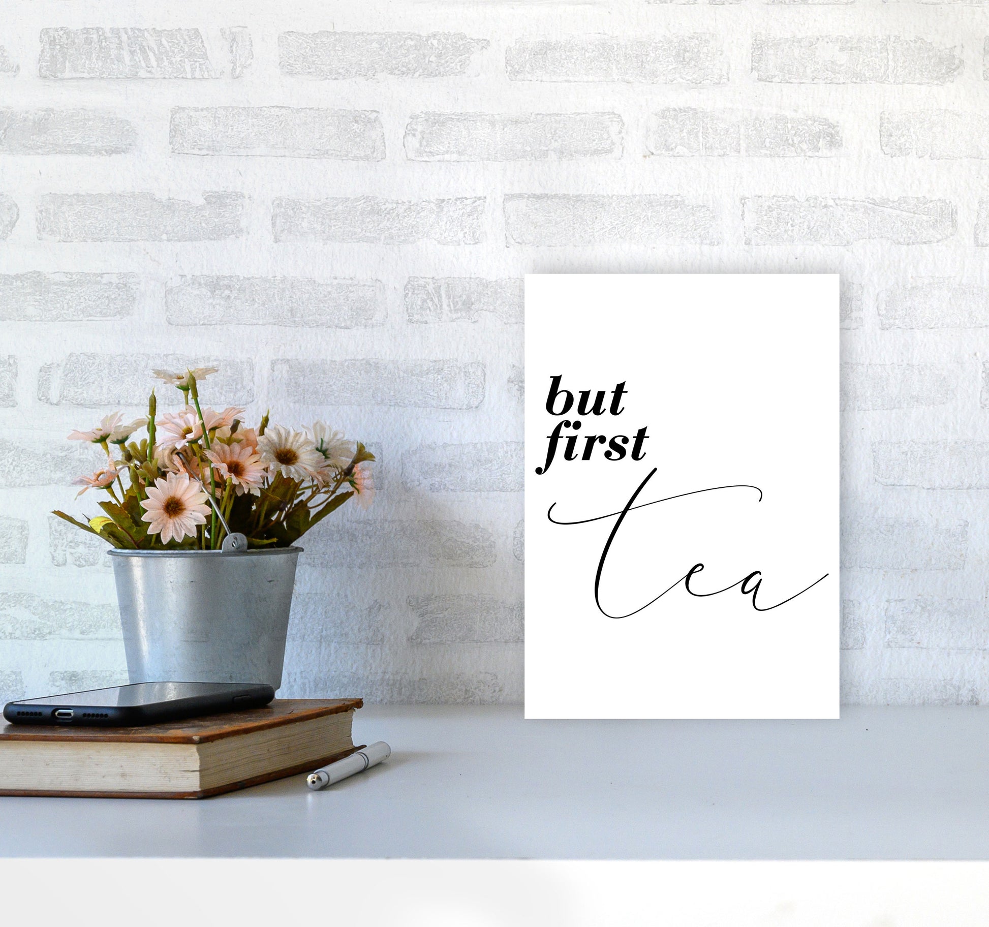 But First Tea Modern Print, Framed Kitchen Wall Art A4 Black Frame