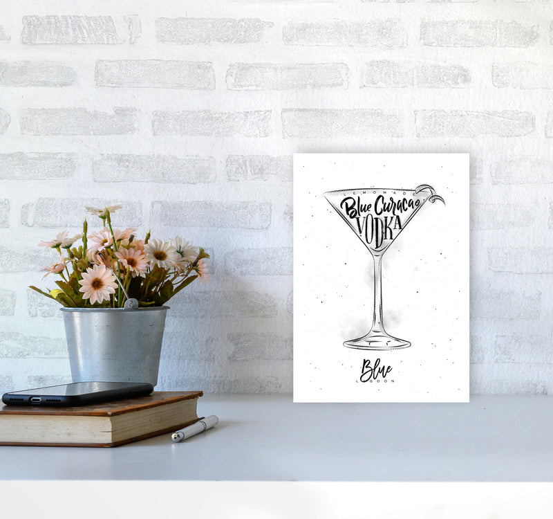 Blue Lagoon Cocktail Modern Print, Framed Kitchen Wall Art A4 Black Frame