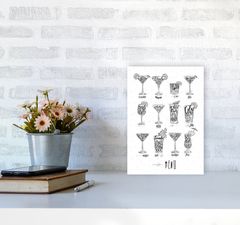 Cocktails Menu Modern Print, Framed Kitchen Wall Art A4 Black Frame