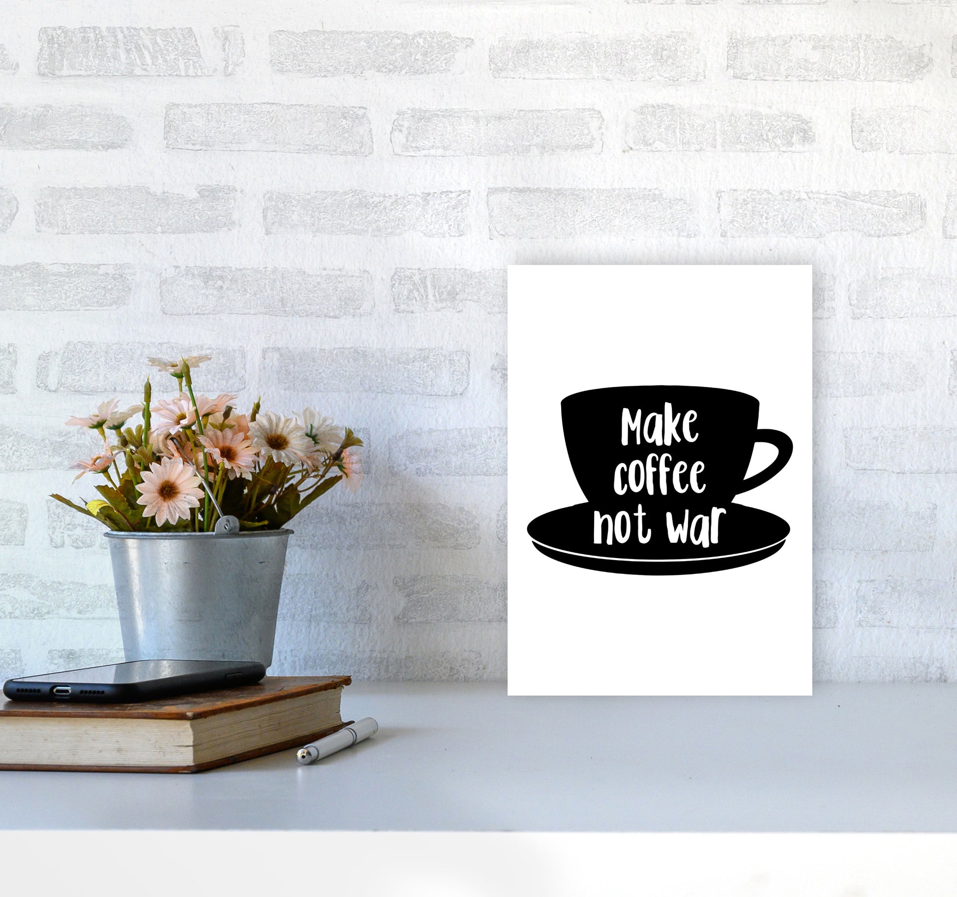 Make Coffee Not War Modern Print, Framed Kitchen Wall Art A4 Black Frame