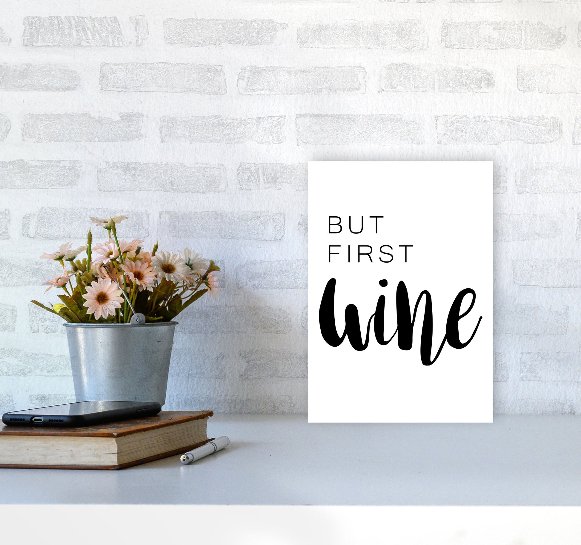 But First Wine Modern Print, Framed Kitchen Wall Art A4 Black Frame