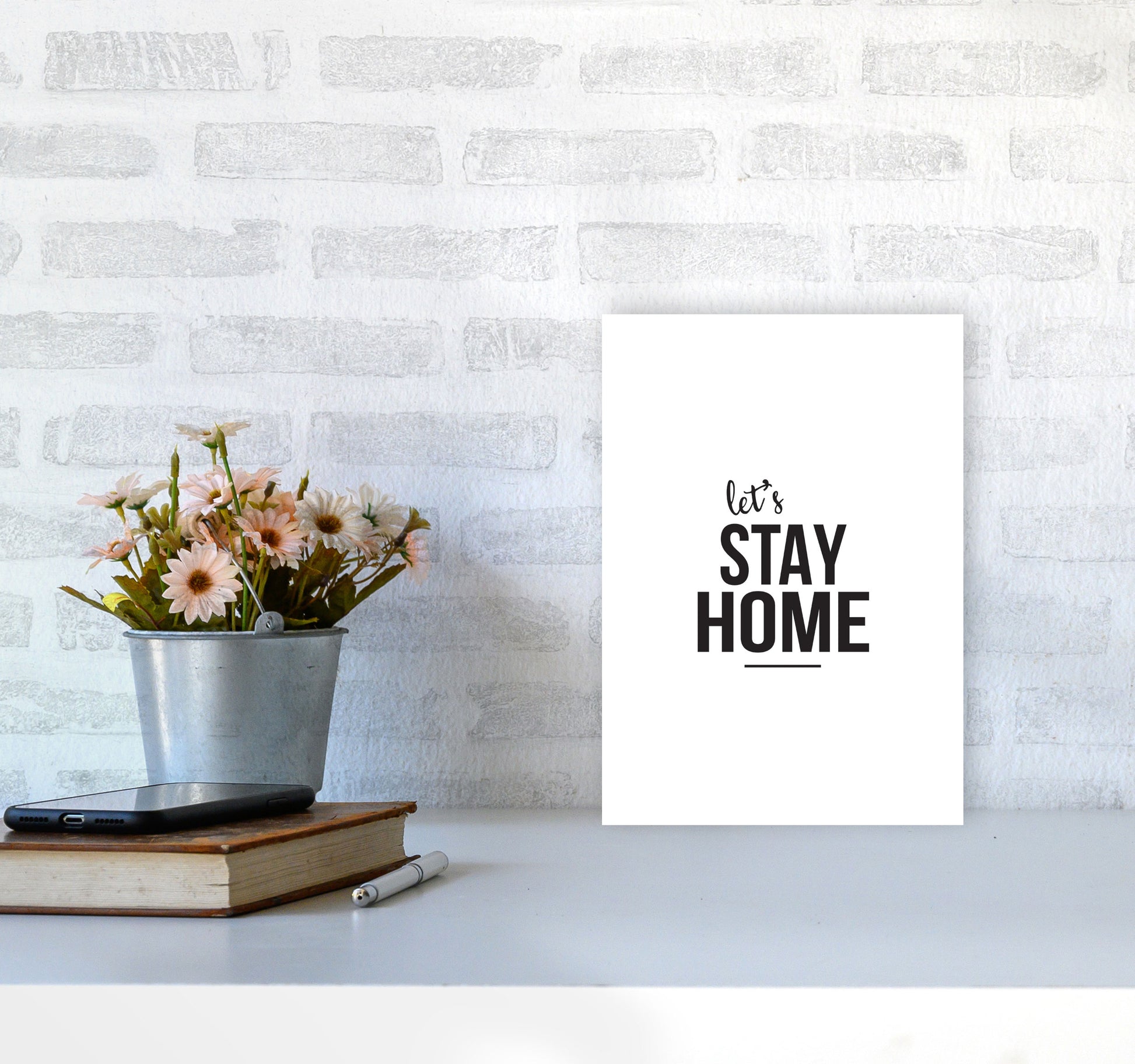 Let&#39;s Stay Home Framed Typography Wall Art Print A4 Black Frame