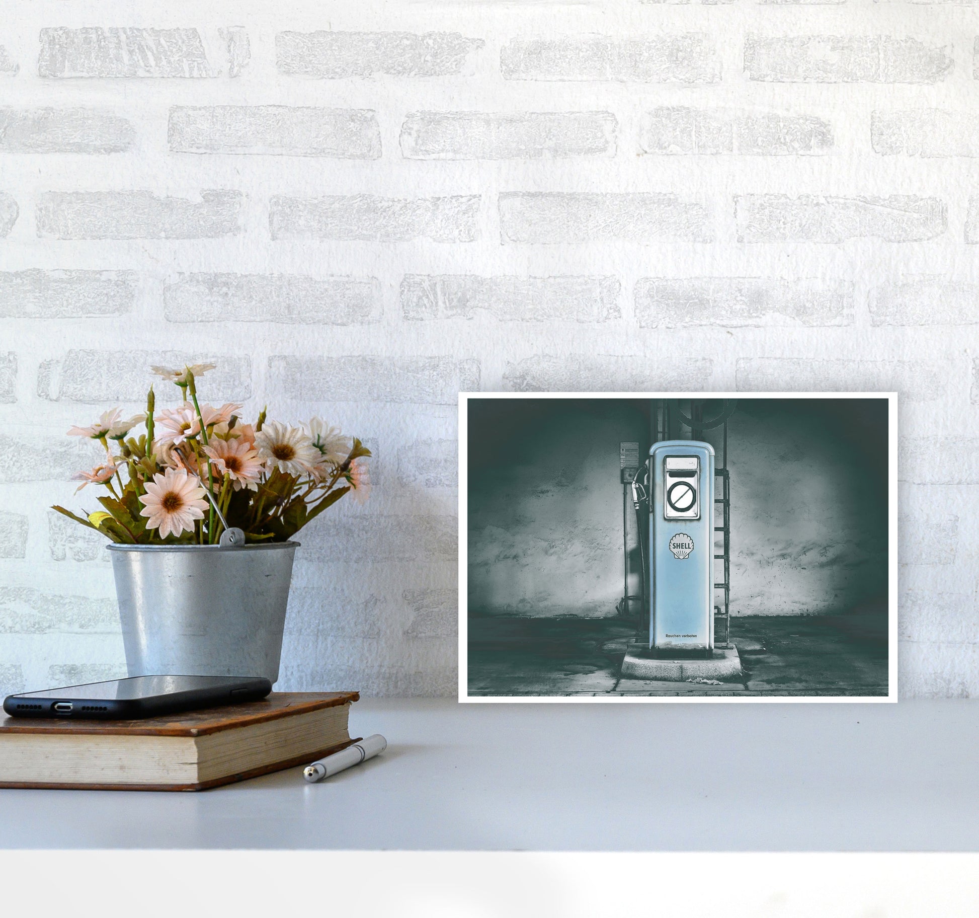 Little Blue Gas Pump Modern Print A4 Black Frame