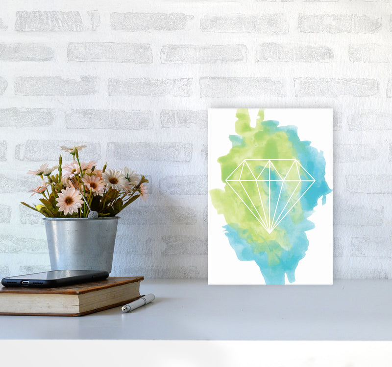Geo Diamond Turquoise Multi Watercolour Modern Print A4 Black Frame