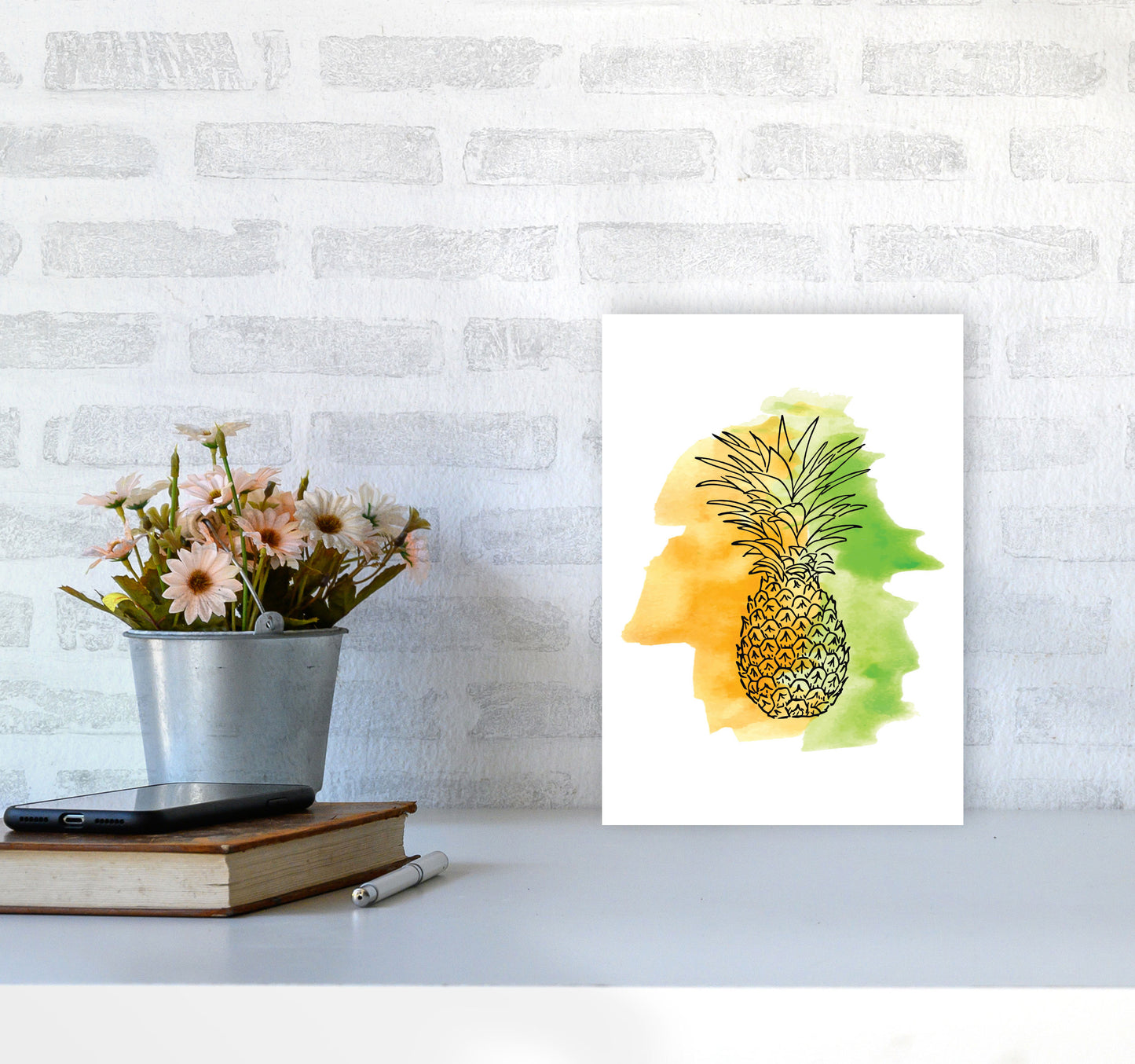Orange And Green Pineapple Watercolour Modern Print A4 Black Frame