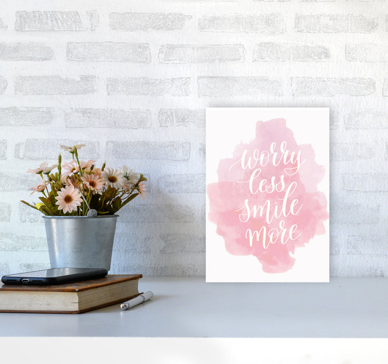 Worry Less Smile More Pink Watercolour Modern Print A4 Black Frame