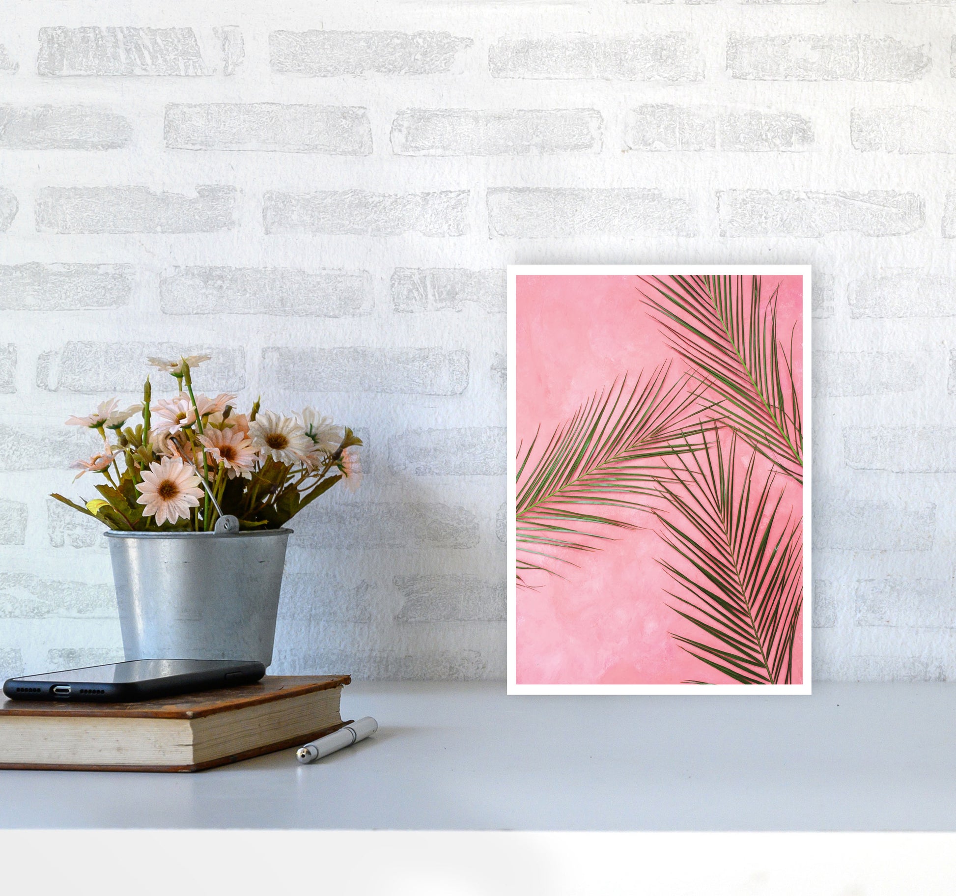 Pink Palm Leaves Modern Print, Framed Botanical & Nature Art Print A4 Black Frame