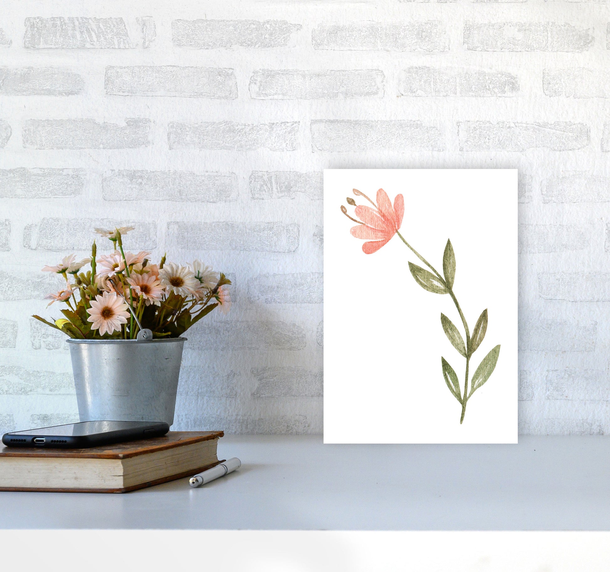 Pink Watercolour Flower 2 Modern Print A4 Black Frame