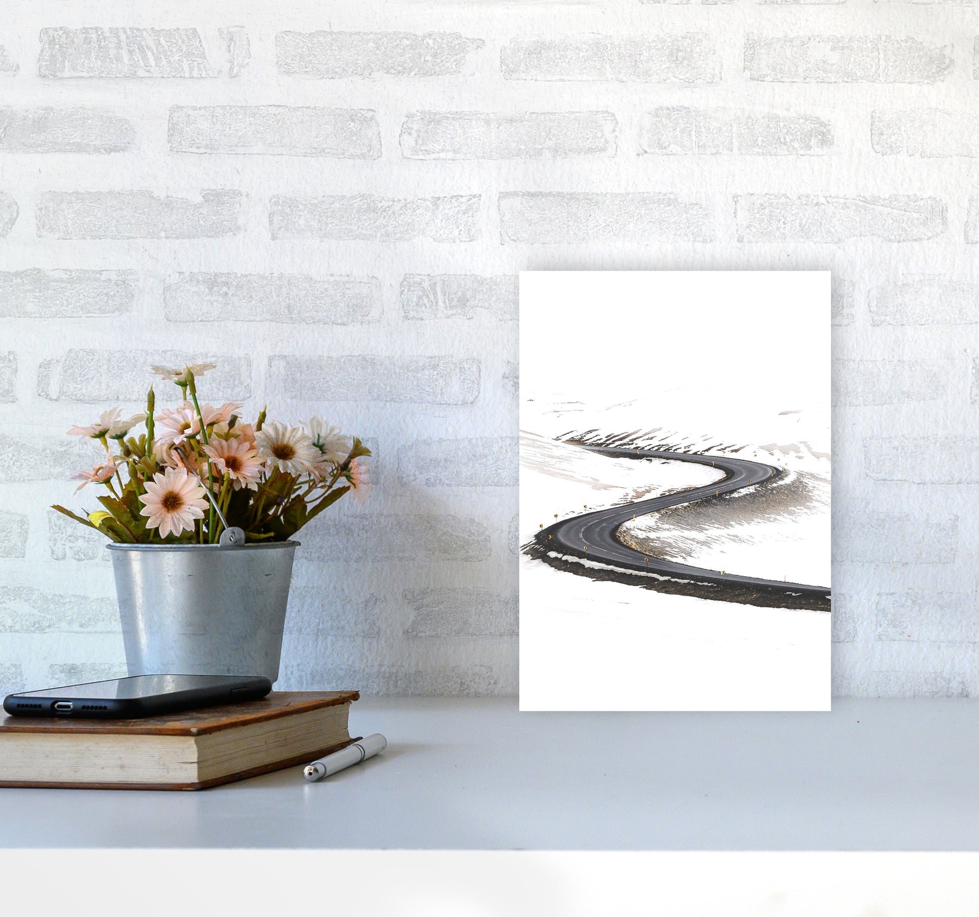 Snowy Road Pass Modern Print A4 Black Frame