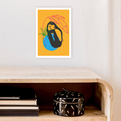Girl Under Plant Yellow Neon Funk  Art Print by Pixy Paper A4 Black Frame