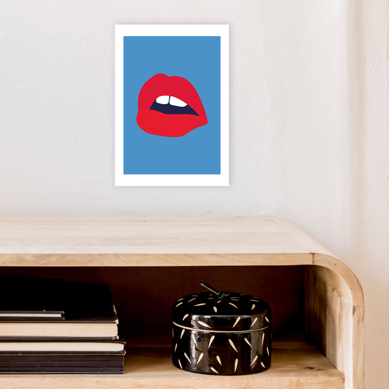 Red Lips Blue Back  Art Print by Pixy Paper A4 Black Frame