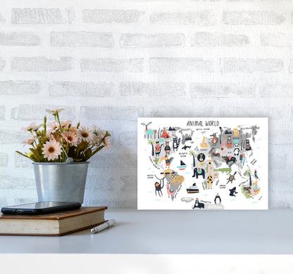 Animal World Map  Art Print by Pixy Paper A4 Black Frame