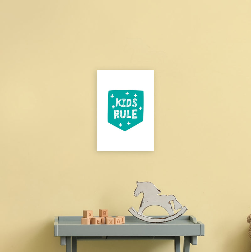Kids Rule Teal Super Scandi  Art Print by Pixy Paper A4 Black Frame